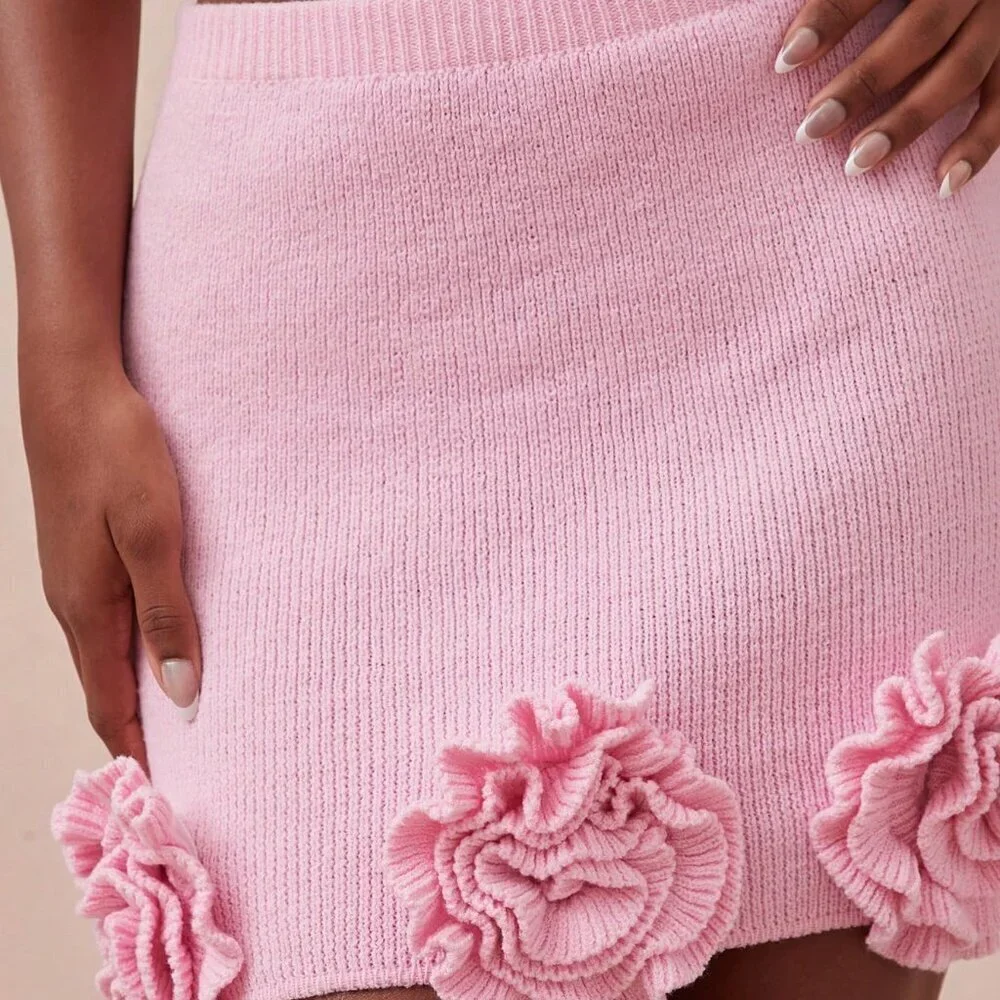 Pink Casual Women's Knit Floral Detail Festival Mini Skirt